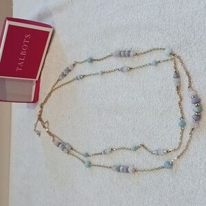 Talbots Gold Necklace with Soft Blue and Lavender Beads Multi Strand